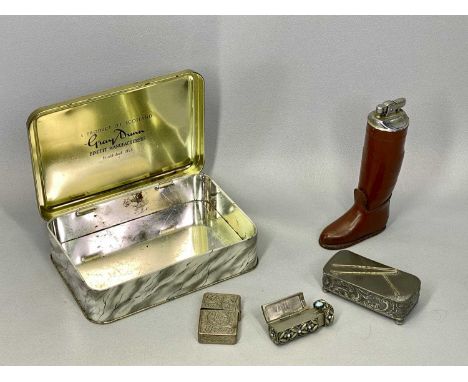WHITE METAL BOXES &amp; VINTAGE LIGHTERS GROUP - to include a rectangular electroplated lidded box for pins, embossed decorat