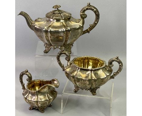 VICTORIAN 3 PIECE SILVER TEA SERVICE - London 1838, Maker Joseph &amp; Albert Savory, highly decorative oversize set having l