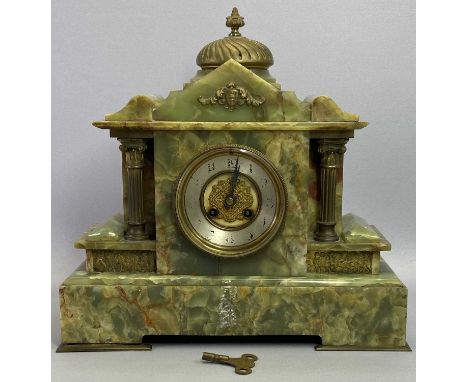 CLOCKS - green onyx mantel clock of architectural form, eight day movement strike gong, 38cms H, 37cms W