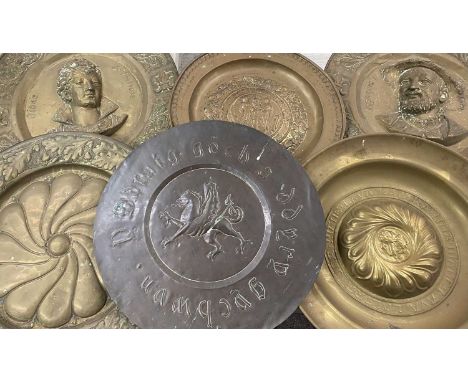BRASS &amp; COPPER CHARGERS (6) - 61cms approx diameter to include 'Y Ddraig Goch ar Ddyry Gychwyn', two with repousse busts 