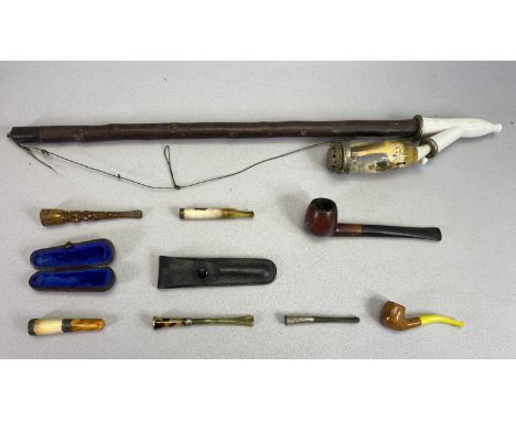 ANTIQUE &amp; VINTAGE SMOKER'S AIDS - to include three various pipes and five cheroot/cigarette holders including a silver ba