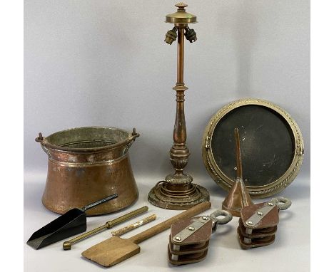 COPPER CAULDRON WITH STEEL SWING HANDLE, 27cms dia., oxidised copper table lamp, 60cms high, ETC.