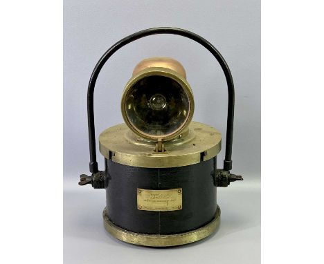 VINTAGE CEAG SHAFT AND RAILWAY LAMP, steel and brass body, copper and brass cowling, 37cms h.
