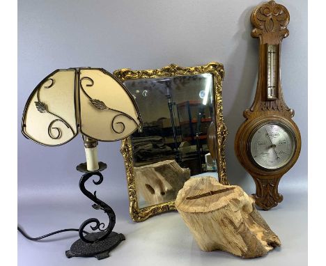 BAROMETER, large mirror, lamp and shade, small mirror and a wooden block