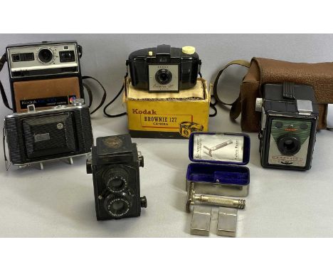 VINTAGE CAMERAS (5) and a vintage 'V' velvet safety razor in chrome box