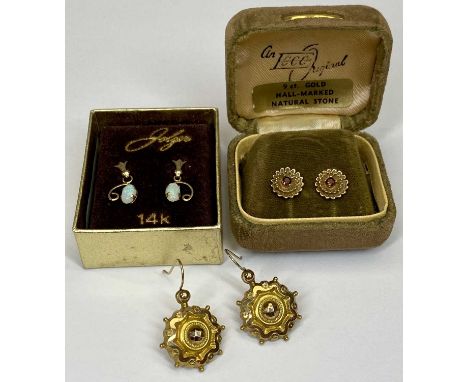 GOLD &amp; PINCHBECK EARRINGS, 3 PAIRS - a boxed pair in 14ct gold with opal drops, 15mm L, 0.9grms, 9ct gold floral design p