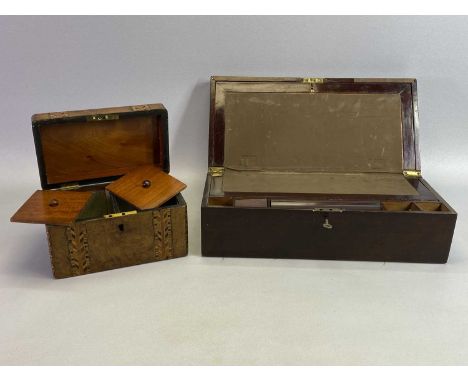 VICTORIAN MAHOGANY WRITING BOX - with brass corners, fitted interior, 38 x 18 x 14cms, a parquetry inlaid walnut double tea c