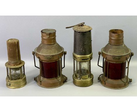 19TH CENTURY STEEL AND BRASS MINER'S LAMP, another miner's lamp (missing bonnet), and a pair of copper ship's port lanterns w