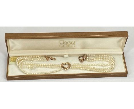 CLOGAU 9CT GOLD 3 STRAND SEED PEARL CHOKER - with open heart centre, 32cms overall L, 23.7grms gross, in original presentatio