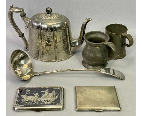 MIXED SILVER PLATED WARE &amp; PEWTER GROUP - to include a Siam sterling silver cigarette case with chariot and horses decora