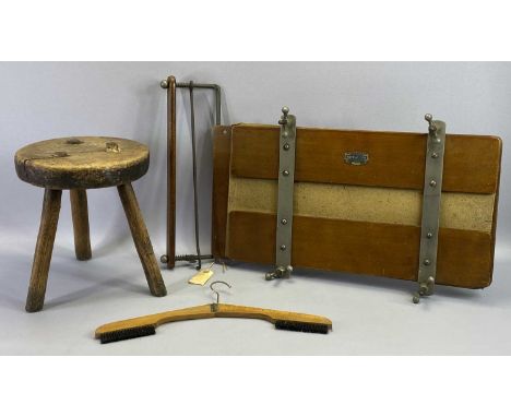 VICTORIAN MILKING STOOL with fruitwood seat and three elm legs, 30cms high, vintage 'The Watts Victor'  trouser press, and a 