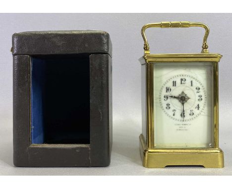 BRASS CASED CARRIAGE CLOCK WITH KEY &amp; ORIGINAL TRAVEL CASE - the enamel dial set with stylised Arabic numerals marked 'He
