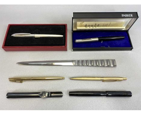 VINTAGE &amp; LATER PENS (5) with a Viner's white metal letter opener, the pens include a Parker fountain pen, boxed, Mabie T