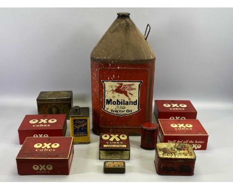 VACUUM OIL COMPANY LIMITED, vintage can for Mobiland 630 Tractor Oil, 48cms high, five vintage Oxo tins, ETC.
