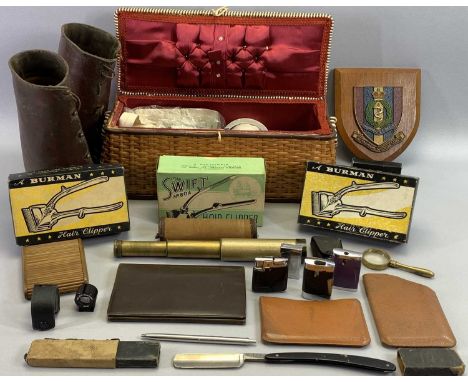 MIXED COLLECTABLES - small brass telescope, three vintage hair clippers in boxes, sewing accessories, ETC.