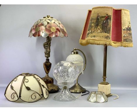 MUSHROOM TYPE GLASS LAMP - 29cms tall, a metallic based lamp and two other lamps