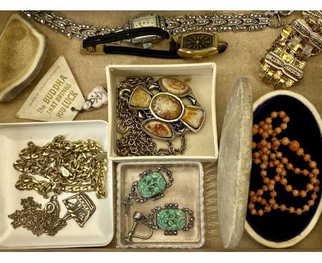 VINTAGE &amp; LATER JEWELLERY &amp; WATCHES - a small coral necklace, Japanese Damascene stick pins, hallmarked silver, rolle