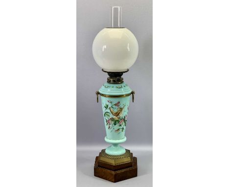 OIL LAMP - late 19th century oil lamp, opaque green glass stem and removeable reservoir, handpainted floral decoration, hexag