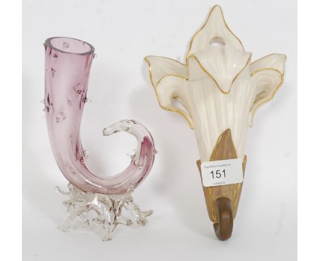 A Royal Worcester China Works blush Ivory wall pocket along with a Victorian solifleur glass vase