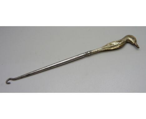 A silver duck head button hook, Birmingham 1906 