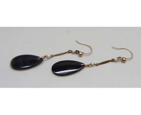 A pair of 9ct gold, seed pearl and onyx earrings 