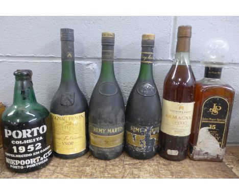 Six original bottles with vintage labels, all unopened, two Remi Martin Fine Champagne Cognac, Cognac Frapin Grande Fine Cham