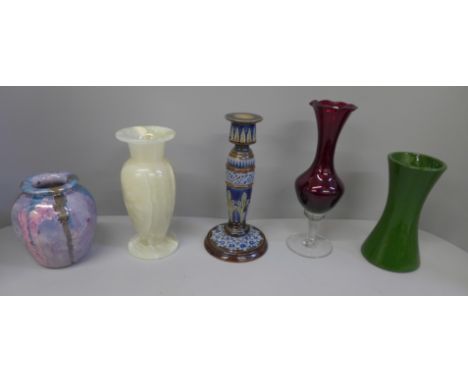 A Doulton Lambeth candlestick and four vases 