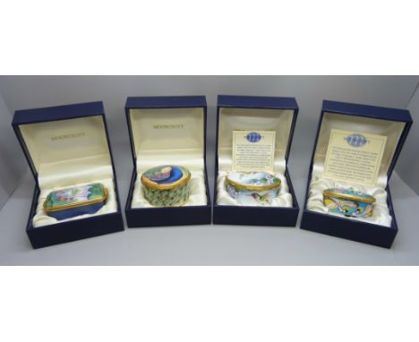 Four Moorcroft enamel lidded pots, three featuring bird designs 