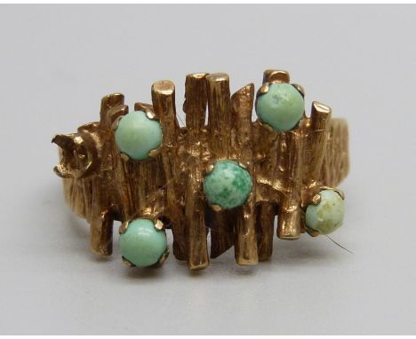 A 9ct gold and turquoise ring, 4.8g, Q, lacking one turquoise 
