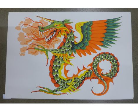 Lithographic Dragon print from 1970's printed on high quality linen back paper, ideal for framing (A2 size) 
