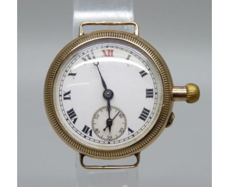 A 9ct gold WWI trench wristwatch with enamel dial, 28mm case 