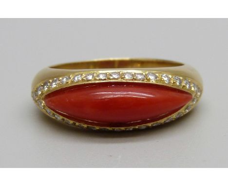 An 18ct gold, coral and diamond ring, 7.3g, R 