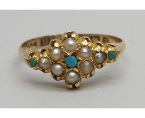 A Victorian 15ct gold, pearl and turquoise ring, Birmingham 1872, 1.6g, N 