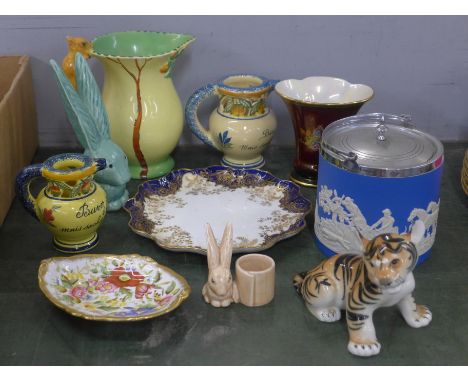 Assorted china; a Sylvac long eared rabbit, a USSR model of a tiger cub, two Quimper jugs, a Crown Devon Rouge Royale vase, a