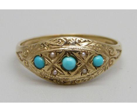 A Victorian style 9ct gold, turquoise and pearl ring, 1.9g, O 