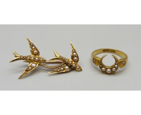 A small 18ct gold seed pearl ring, 2.7g, H, and a yellow metal swallow brooch set with pearls, brooch repaired, 3.1g 