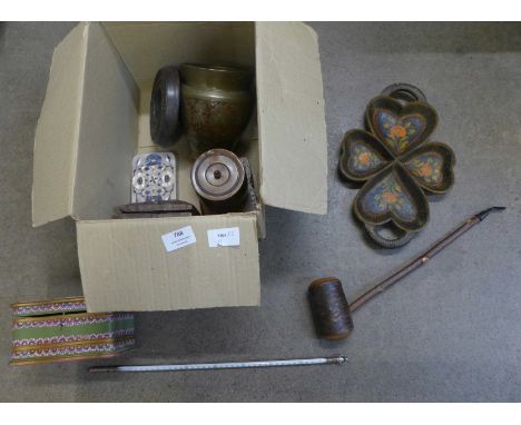 A collection of Indian items including two spice boxes, a painted tray, a carved photograph frame, a pipe, a thermometer, etc