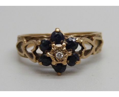 A 9ct gold, sapphire and diamond ring, 1.6g, M 