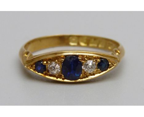 An 18ct gold, diamond and sapphire ring, Chester 1910, 2.8g, L 