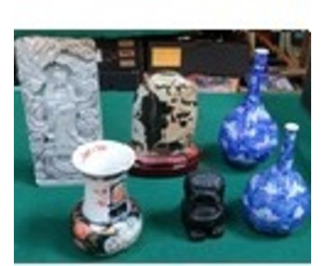 HARDSTONE CARVED PANEL DEPICTING KWAN-YIN, THREE VASES, PIECE POLISHED STONE AND SMALL BLACK MINERAL TEMPLE DOG
