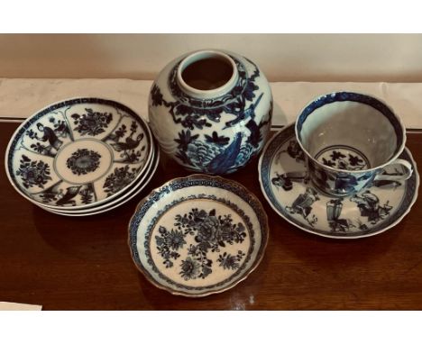 JAPANESE OVOID STORAGE JAR, CUP AND SAUCER, THREE MATCHING SAUCERS PLUS ANOTHER