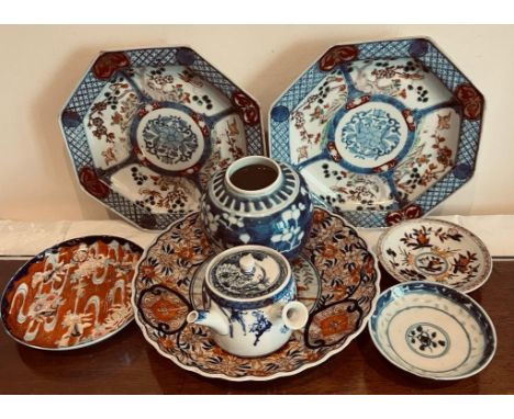 PAIR OF JAPANESE IMARI PLATES, ANOTHER, STORAGE JAR, TEAPOT AND THREE SAUCERS