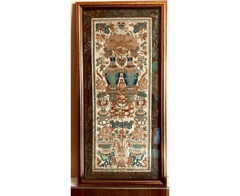 FINELY EMBROIDERED ORIENTAL PANEL WITH SILK AND GOLD COLOURED THREADS DEPICTING VASES AND PLANTERS AMID FOLIATE DECORATION, A