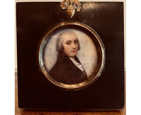 MINIATURE PORTRAIT OF A YOUNG PERSON IN EARLY 19th CENTURY DRESS, ON IVORY, UNSIGNED, APPROXIMATELY 6 x 5.5cm