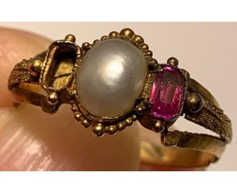 UNMARKED RING SET WITH ONE PEARL AND ONE PINK RUBY APPROX 0.15ct, TOTAL WEIGHT APPROXIMATELY 2g. ONE STONE IS MISSING