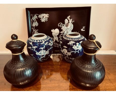 MOTHER OF PEARL INLAID TRAY, APPROXIMATELY 35 x 25cm, TWO STORAGE JARS PLUS TWO BLACK POTTERY CLAY VASES