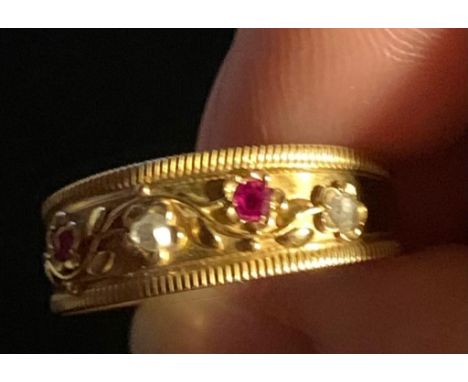 18ct VICTORIAN GOLD RING SET WITH TWO RUBIES APPROX 0.4ct AND TWO DIAMONDS APPROX 0.4ct, SIZE R, TOTAL WEIGHT APPROXIMATELY 2