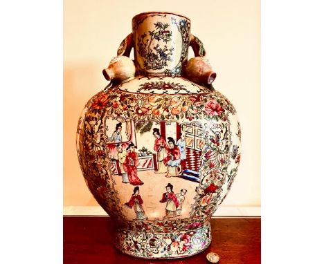 OVOID FORM CHINESE CERAMIC VASE IN THE FAMILLE VERTE MANNER, CHARACTER MARKS TO BASE, APPROXIMATELY 43cm HIGH. THERE IS A HAI