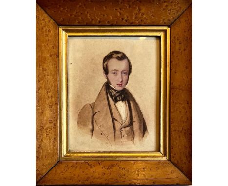 UNKNOWN SUBJECT- 3/4 PORTRAIT OF A GENT IN CRAVAT, WAISTCOAT AND JACKET, WITHIN MAPLE FRAME. APPROX. 13 X 10CM