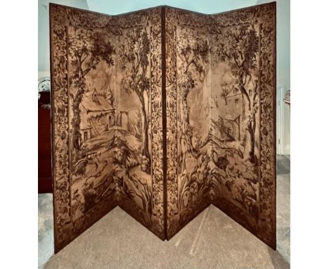 FOUR-FOLD MACHINE MADE TAPESTRY SCREEN, EXH PANEL APPROXIMATELY 195 x 61cm